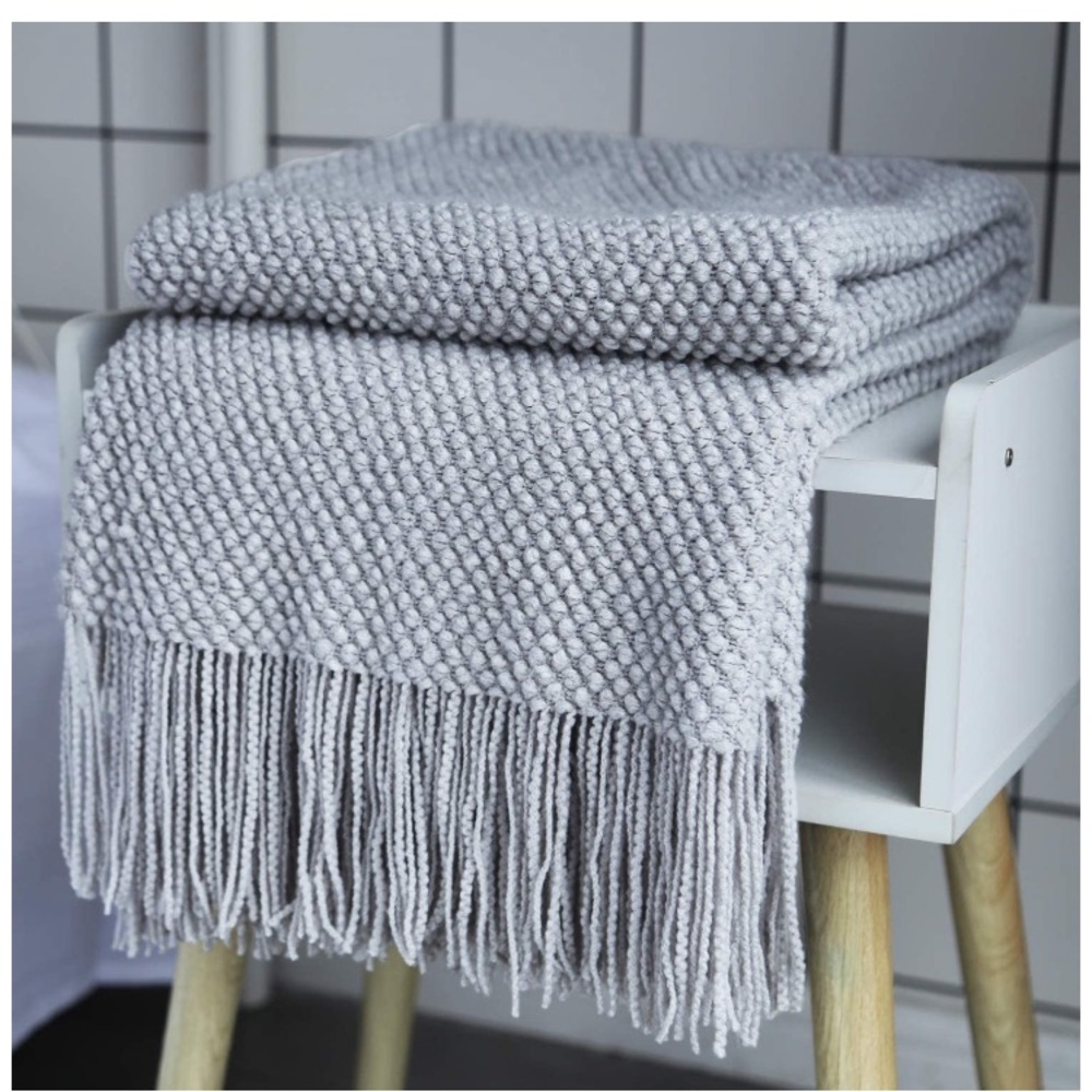 Light Grey Boho Tassel Chunky Knit Dorm/Living/Bedroom Cozy Casual Throw Blanket - Picture 6 of 16